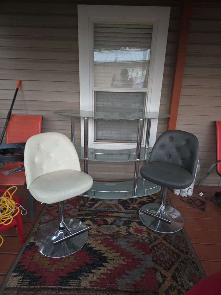 Glass Bar Table With 2 Leather Chairs