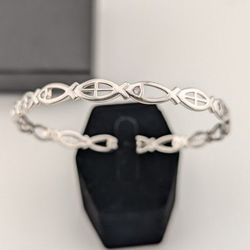 925 Sterling Silver 7" Continuous Ichthus Fish Bangle Bracelet 8.3g CZ Eye Christian 6mm