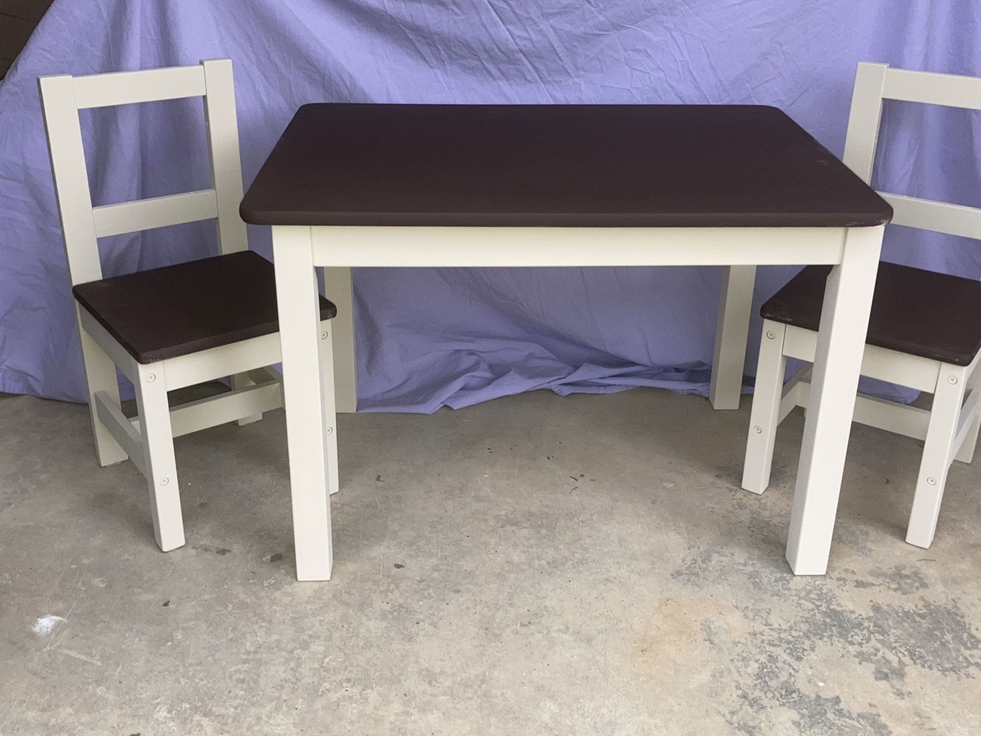 Large Kid’s Farmhouse Style Table and Chairs (2) in Tan and Dark Brown- refurbished