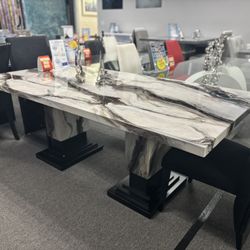 Marbled Styled Top Dining Table Set W/ Modern Base & 4 Free Chairs For Sale (brand New)