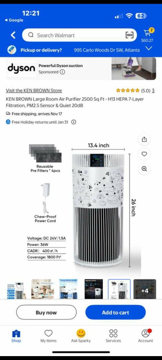 KEN BROWN Large Room Air Purifier 2500 Sq Ft - H13 HEPA 7-Layer Filtration, PM2.5 Sensor & Quiet 20dB