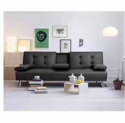 Black Convertible Futon Sofa Bed with Cup Holders