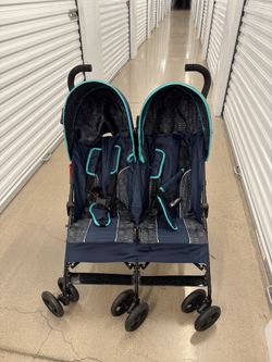 Delta Children LX Side by Side Double Stroller Compact Blue Gray Lightweight Compact