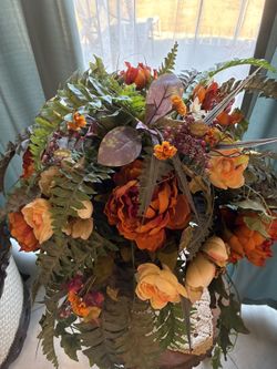 Silk Flowers And Metal Vase