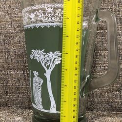 Vintage Jeanette Hellinic Green Jasperware Pitcher and 8 16 oz. Glasses