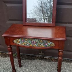 Cherry Rectangle  Door Entry Wood Console Table with Stained Glass and Mirror