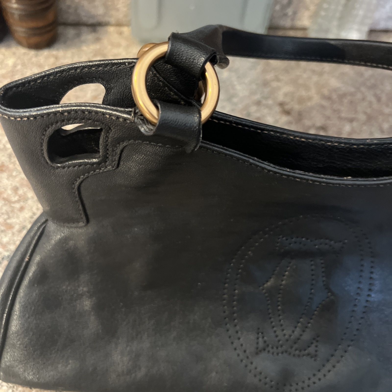 CARTIER Logo Marcello Hand Bag Black Leather Gold Hardware Used