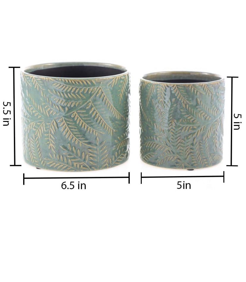 Ceramic Planters Garden Flower Pot 6.5 and 5.5 Inch Set of 2, Indoor and Outdoor, Modern Plant Containers（Green，Leaf Pattern Style）