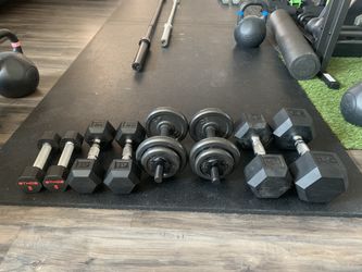 DUMBBELL SET: (2) 5 LB, (2) 10 LB, (2) 20 LB, (1) 25 LB, (1) 35 LB NEW WORKOUT GYM EQUIPMENT
