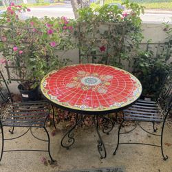 Beautiful  Spanish Tile Table Wrought  Iron  And Two Chairs Set 
