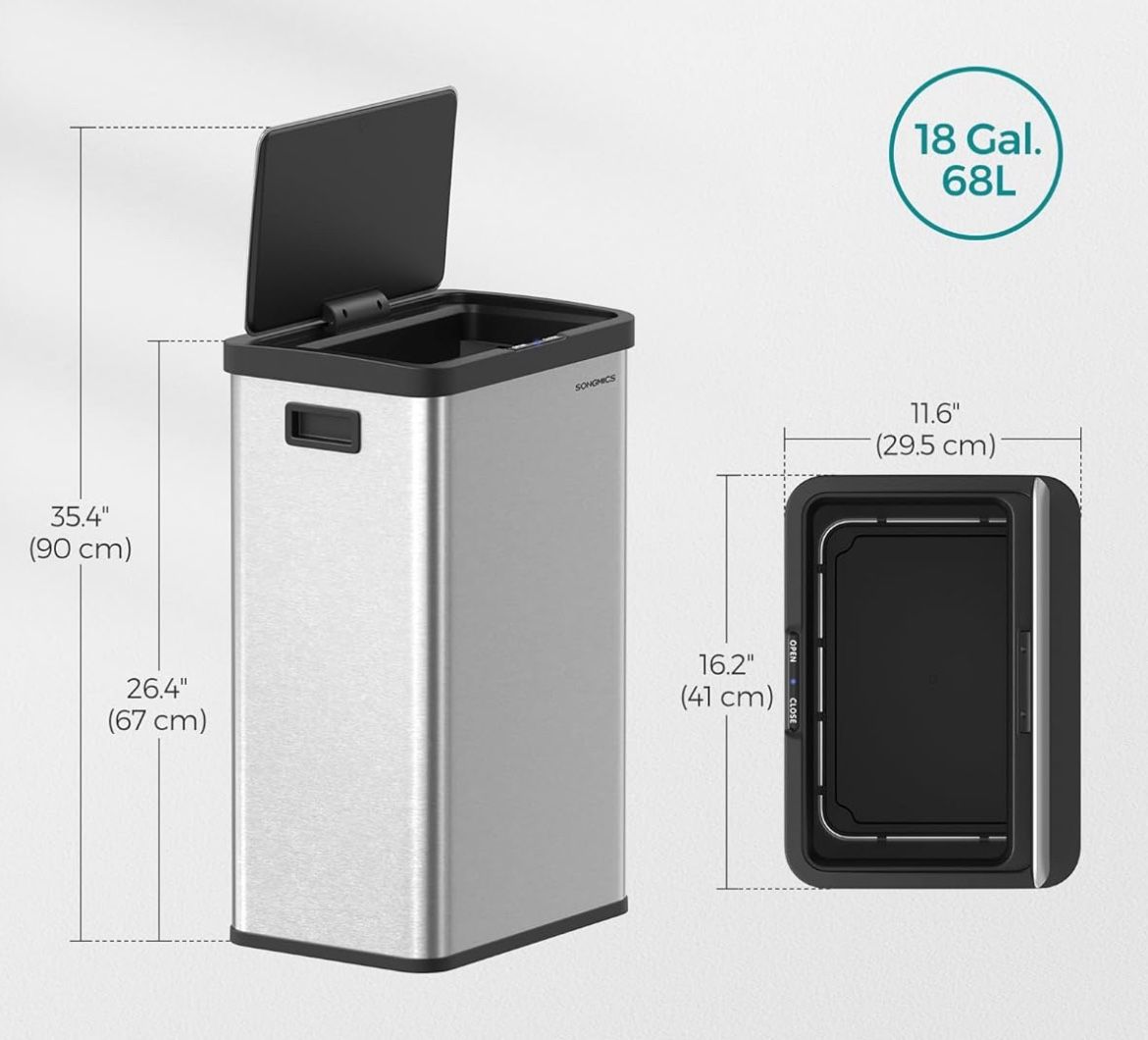 SONGMICS Motion Sensor Trash Can 18 Gallon Automatic Kitchen Garbage Can with Stay-Open Lid