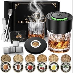 Electric Whiskey Smoker Kit,Cocktail Smoker Kit Built-in Lighter,No Butane Needed,6 Flavors Wood Chips,Ice Cubes,Wish Card-Old Fashioned Drink Smoker 
