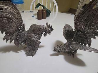 Heavy cast metal rooster figurines - pair - home decor