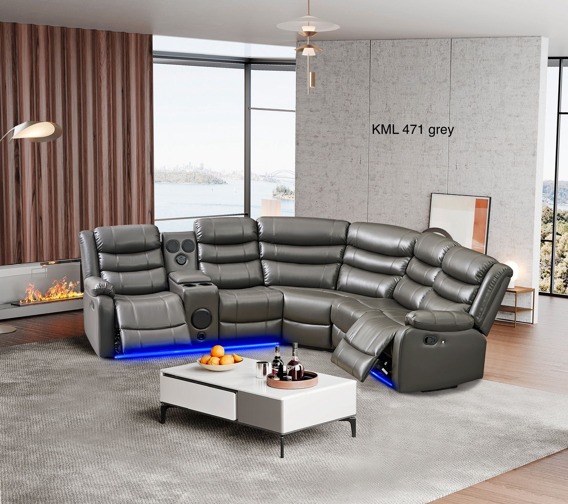 New LED Manual Recliner Sectional 3 Pc Set Black Or Gray