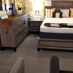 Brand New Gray King Bedframe + Dresser + Mirror + Nightstand 4PCs Set