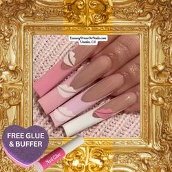XL Pink Kiss French Tip Press On Nails - Visalia Press On Nails 24 Pc Set - FREE GLUE & BUFFER