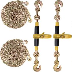 640*Ratchet Chain Binder,5/16 in x 10 ft G80 Chains,8000 lbs Working Load Double Hook, Heavy Duty Tie Down Set for Truck Cargo, Hauling Towing Logging