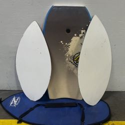 Two skim boards and a boogie board skim boards have a case