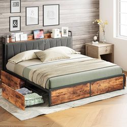 King Bed Frame with 4 Storage Drawers, Platform Bed with Charged Headboard, Sturdy and Stable, No Noise, No Box Spring Needed, Easy to Install, Vintag