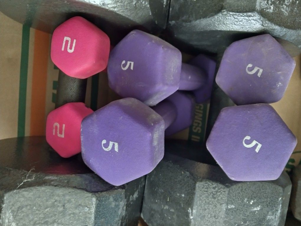 FOUR FIVE POUND AND TWO TWO POUND DUMBBELLS.