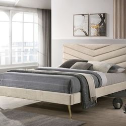 Brand New Mid-century Modern Beige Queen Size Bed Frame