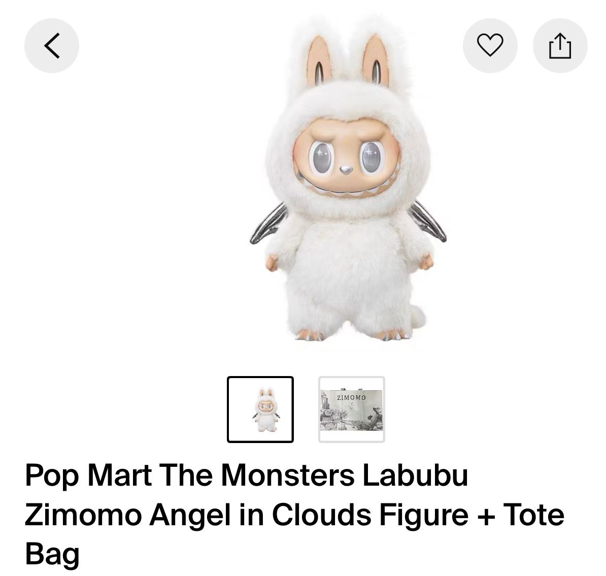 Pop Mart The Monsters Labubu Zimomo Angel in Clouds Figure + Tote Bag