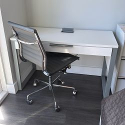 Modern White Desk And Dark Gray Swivel Chair  