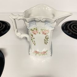 Vintage Artist Signed ROSE MOTIF ENAMEL EMBOSSED PORCELAIN 6" PITCHER