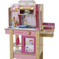 Barbie Wooden Play Kitchen with Lights, Sounds, Water reveal Food and 30 Accessories 