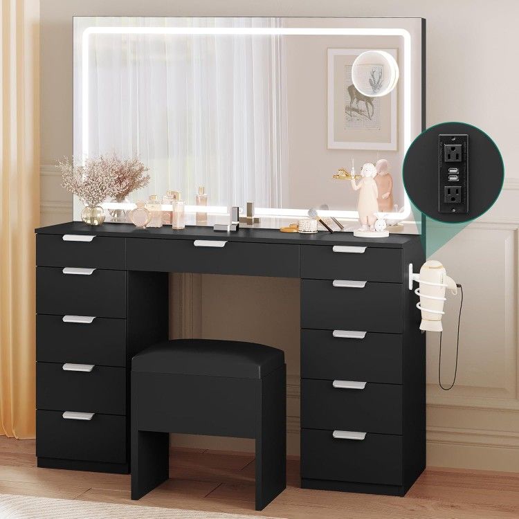 Illuminated Makeup Vanity Desk Set with LED Mirror and Lights, 46'' Dressing Table Boasting 11 Drawers, Power Outlet, Magnifying Glass, Complemented w