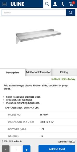 Stainless Steel Wall-Mount Shelving - 48 x 12 x 10