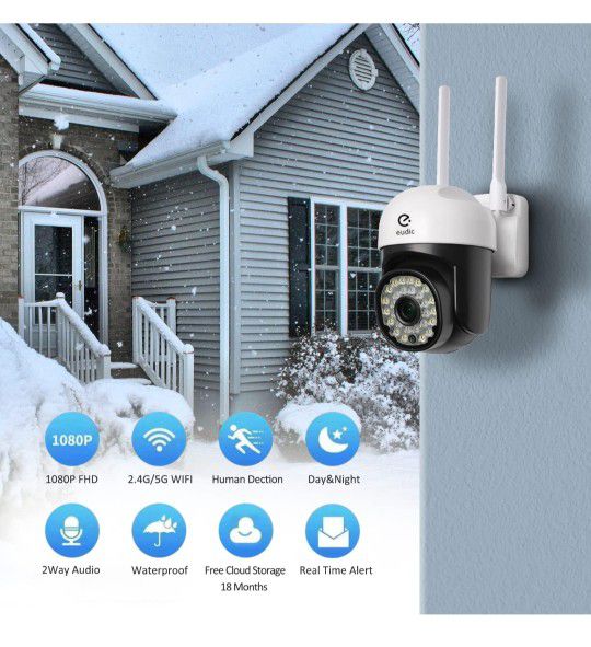 Security Camera Outdoor 2 Pack,Free Cloud Storage 2.4G/5G WiFi 360° PTZ Security Cameras Outdoor for Home Security,Color Night Vision, AI Human PIR De
