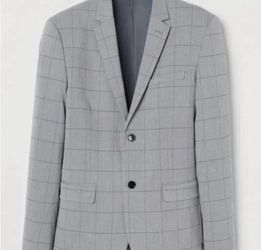 New H&M Slim Fit  Light Gray Windowpane Checkered Blazer Sport Coat Sz. 46R Ret.$109
