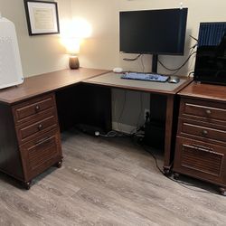 Full Wood Construction Corner Desk + Extra File Cabinet