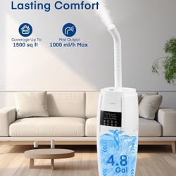 4.8Gal/18L Humidifier Large Room, Easy Top Fill Cool Mist Tower Humidifiers Quiet for Home, Plant, Office, Commercial, Whole House Cover up to 1500ft²