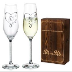 NUPTIO Champagne Flutes Glasses 50th: Set Of 2 Silver Crystal Toasting Flute With Wooden Gift Box Engraved Wine Glass For Birthday Party Table Decorat