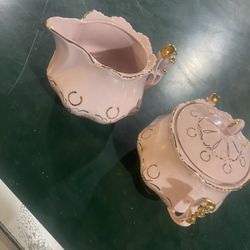 Pink Porcelain Tea, Sugar Bowl And Milk Jug Hand Painted With 24k Gold 