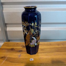 Set Of 2 Vintage Japanese Porcelain Vases, Cobalt Blue And Gold, 10.75" Tall