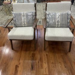Two New Mid-century Modern Solid Wood Armchair Beige Wood Polyester, with pillows