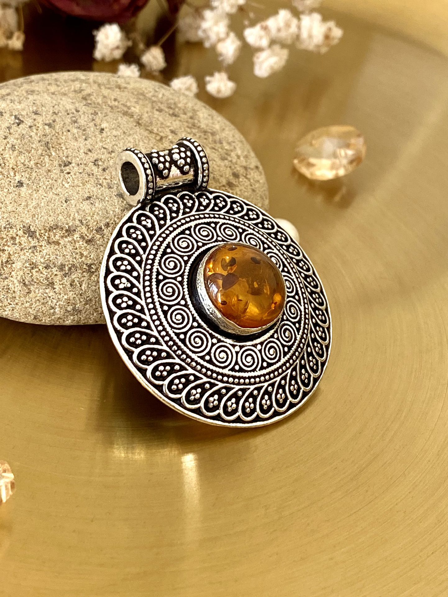 Amber 925 Sterling Silver Overlay Hand Embossed Round Pendant