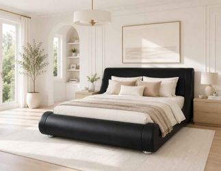 Full Bed Upholstered Bed Frame, Deluxe Low Profile Sleigh Bed with Faux Leather Ergonomics Headboard, No Box Spring Needed & Easy Assembly, Black