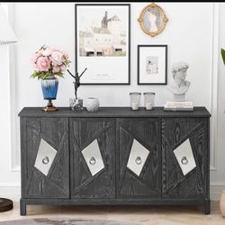  4 Door Mirrored Buffet Cabinet, Retro Sideboard Entryway Console Table Accent Cabinet with Shelves for Bedroom, Living Room, Office, Easy Assembly, G