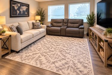 Living room furniture and world map wall art