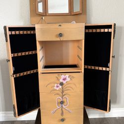 Vintage Hand-Painted Jewelry Armoire w/ Mirror – Complete