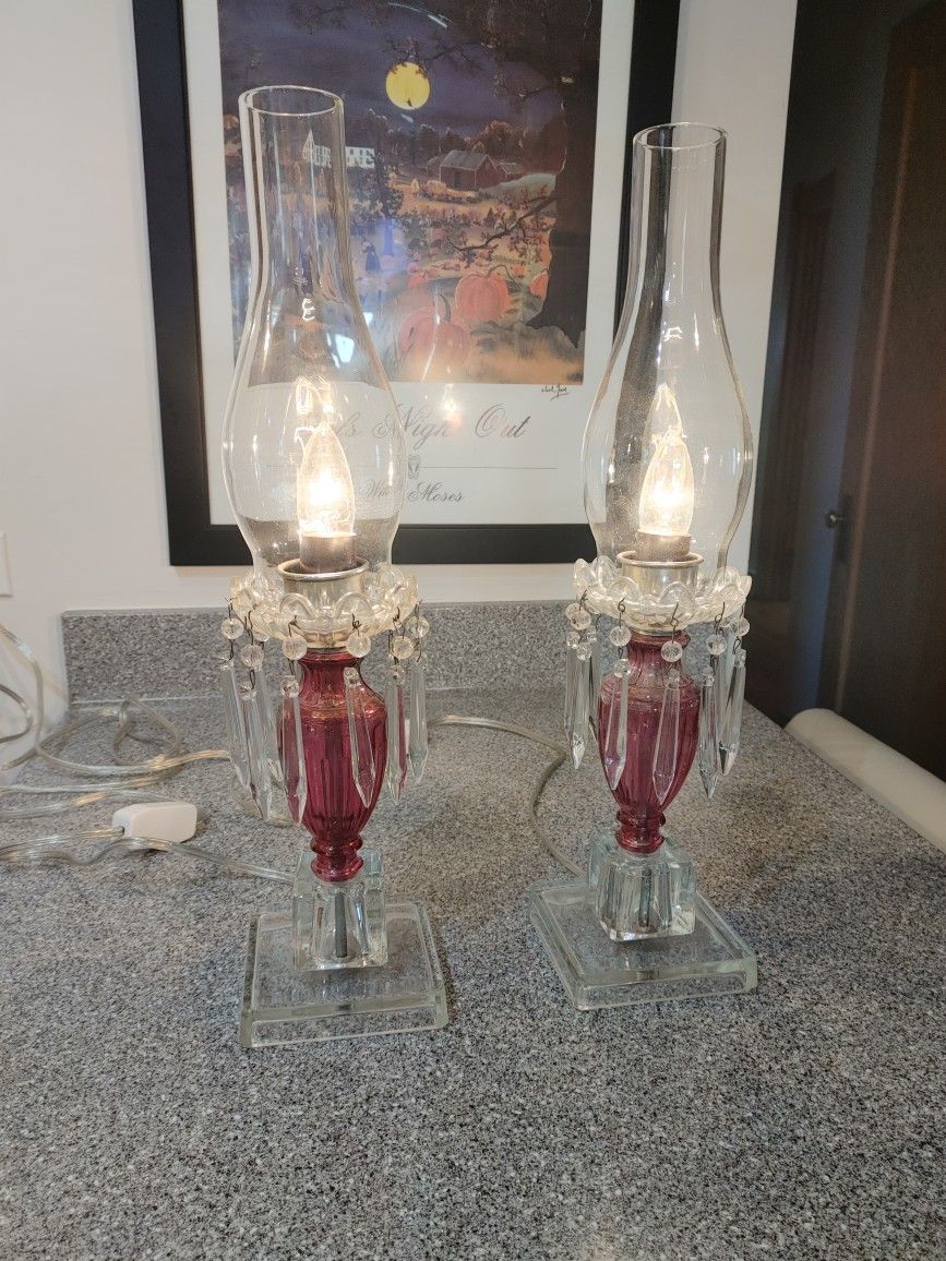 Vintage Painted Glass Hurricane Lamps