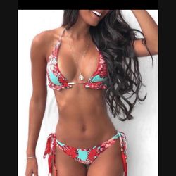 .New Sexy Brazilian /Miami style Red tropical  halter neck string bikini / swimwear/swimsuit/ bathing suit/ body suit  size Small 