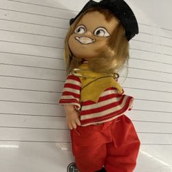 Vintage 8" Inch Plastic Doll in Striped Clown Outfit Hong Kong Hat Hobo Mime