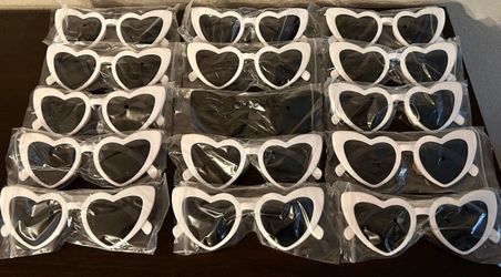 Heart Shaped Sun Glasses, 15 Pairs (14 White / 1 Black), NEW