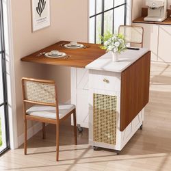 51″ Transformer Table with 6 Wheels for 2-4 with Drawer and Power Outlet  Walnut