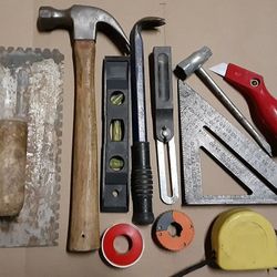 Tools Hammer Level Square Concrete Float Prybar Tape Measure 